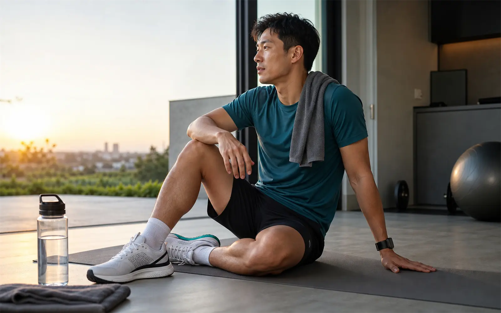 An athlete recovering after training with water, a wearable and exercise equipment.