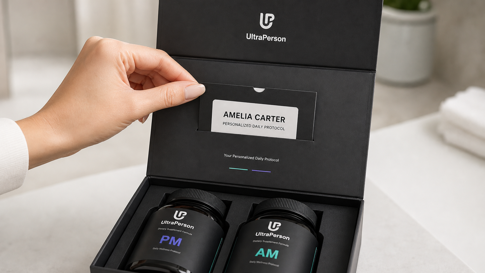 A hand inserting a printed card reading Amelia Carter, Personalized Daily Protocol, into an open UltraPerson kit.