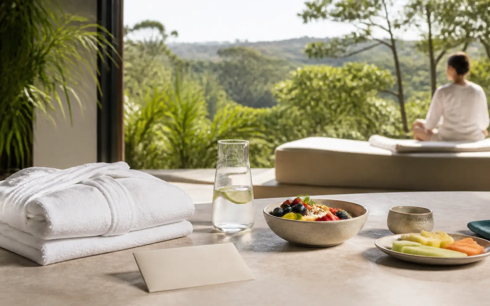 A healthy breakfast beside an UltraPerson personalized supplement program card in a peaceful wellness retreat.