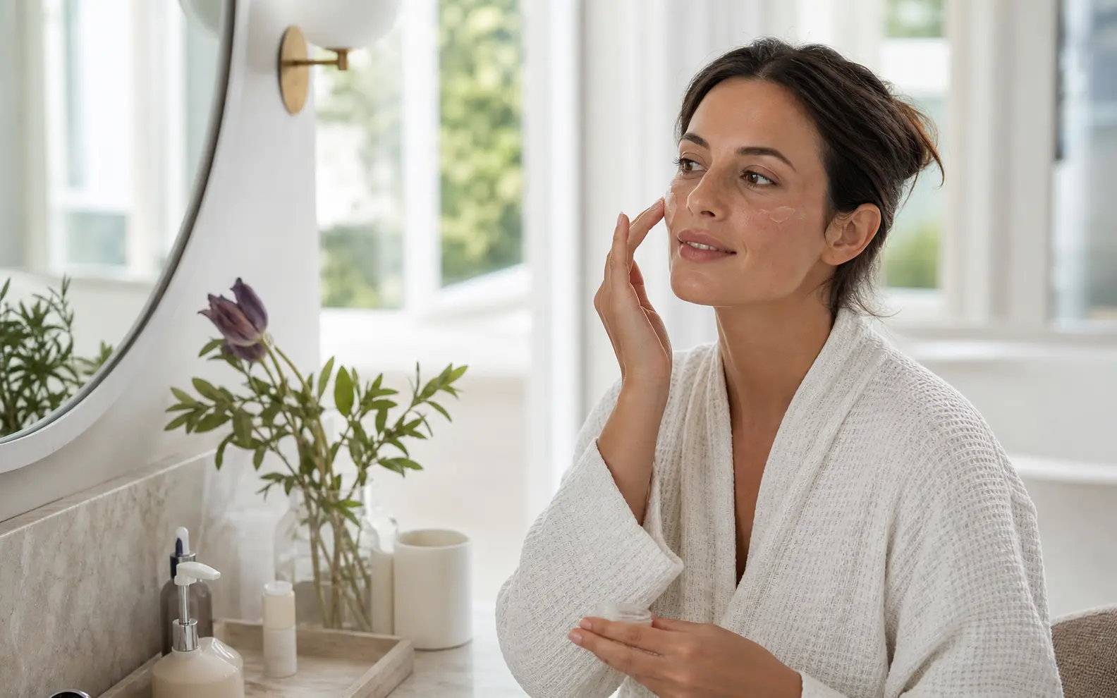 A woman following a calm morning skincare ritual in natural daylight.