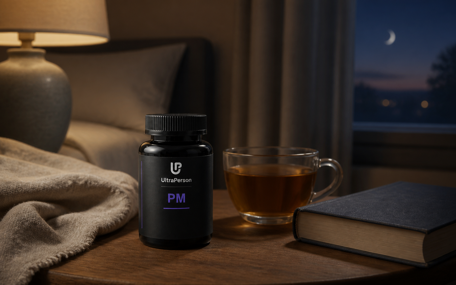 A single UltraPerson PM bottle beside herbal tea and a book in a calm evening setting.