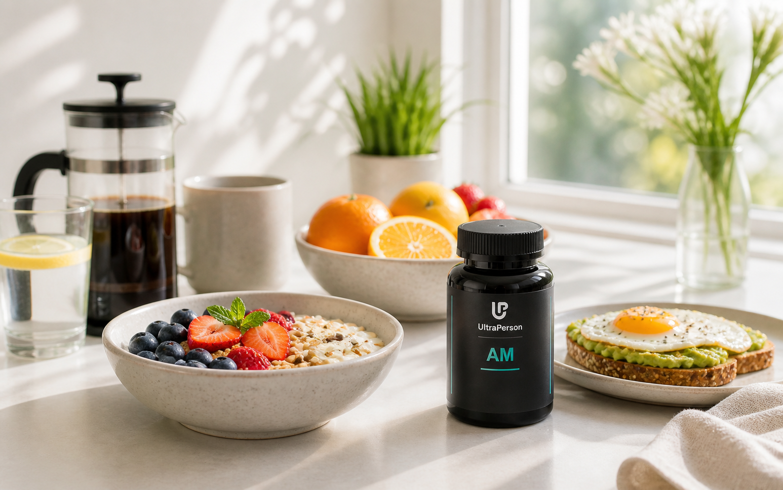 A single UltraPerson AM bottle beside a balanced breakfast in bright morning light.
